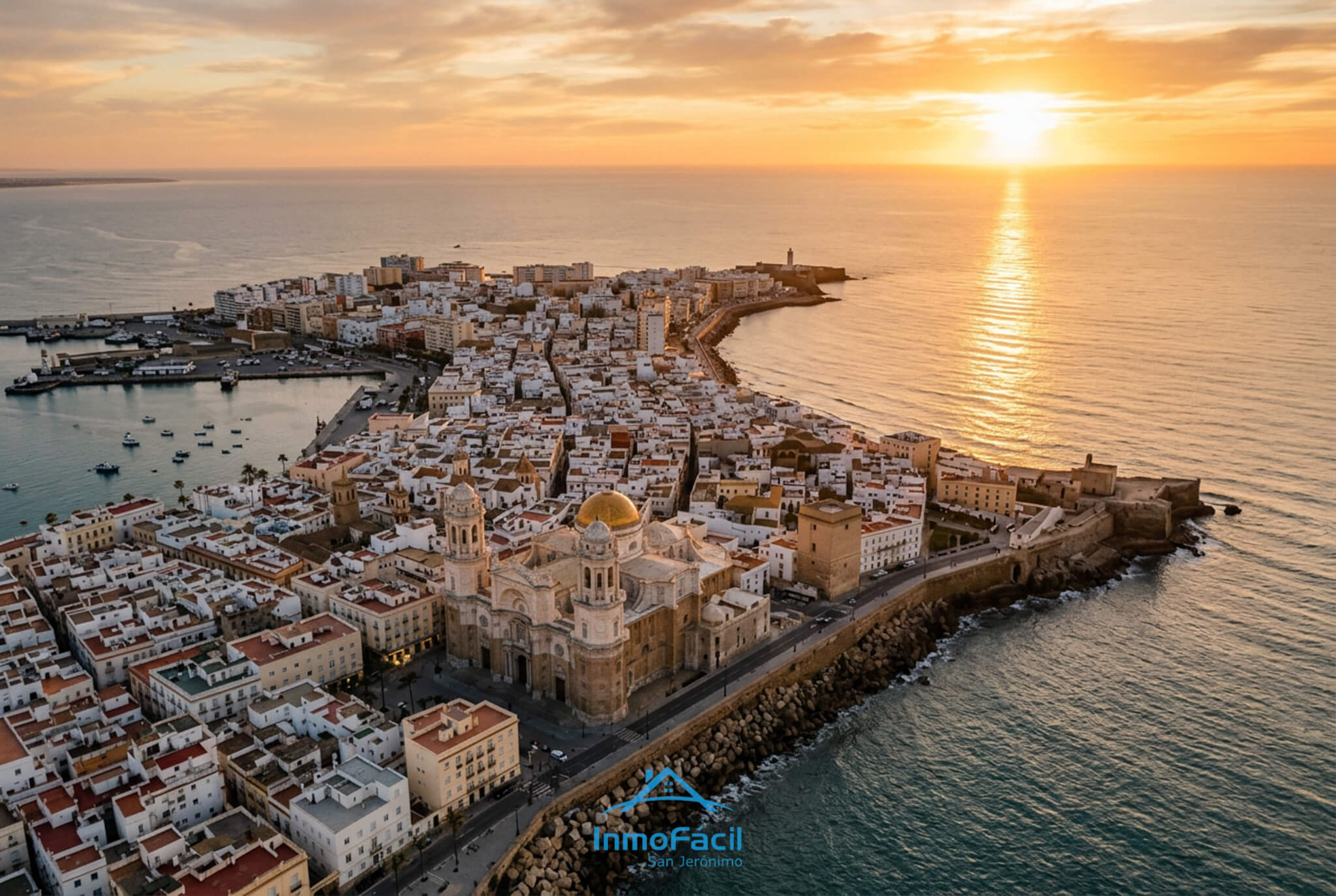 Vista aérea de Cádiz rodeada por el océano Atlántico al atardecer