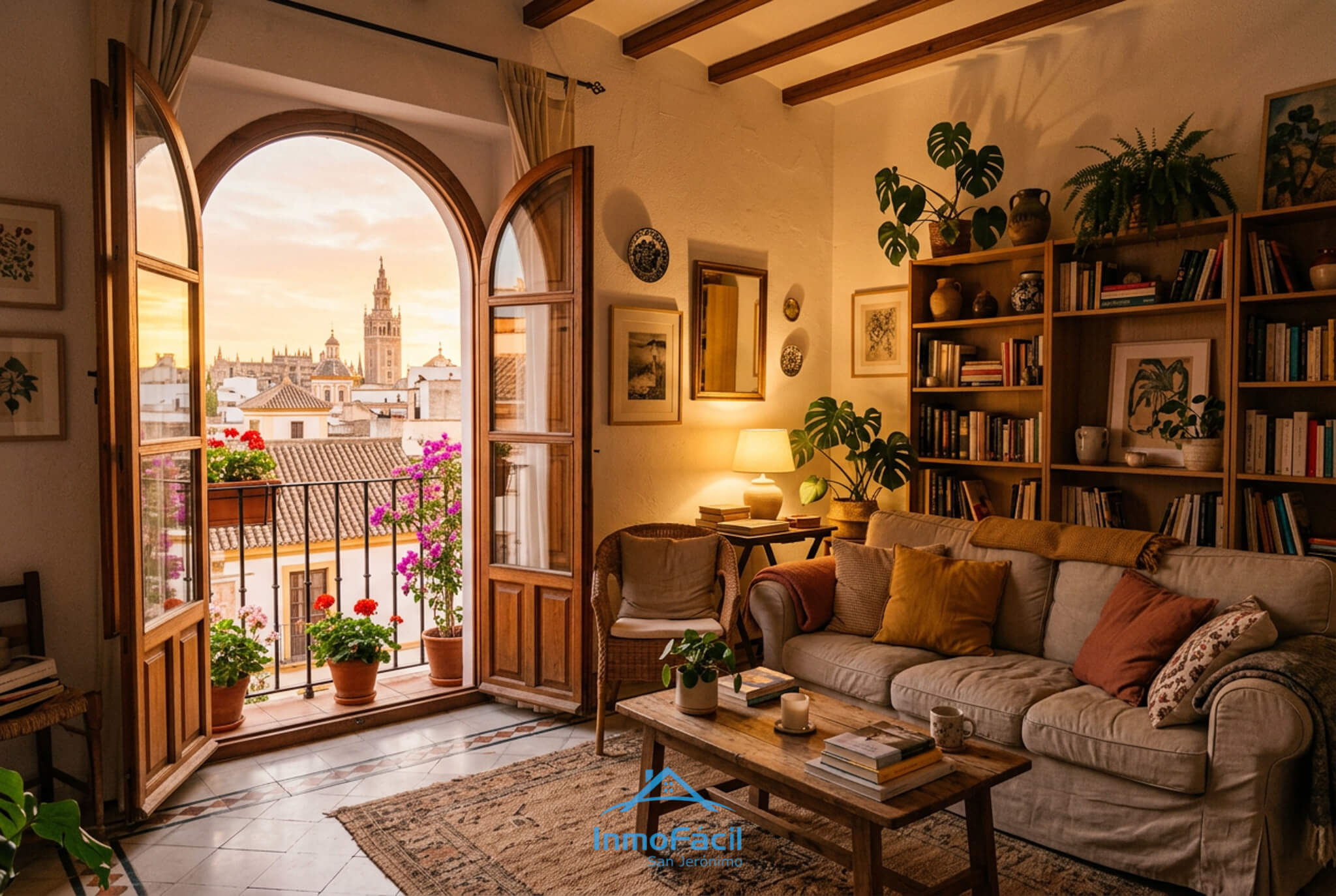 Piso en el centro de Sevilla con balcón y vistas a la Giralda al atardecer