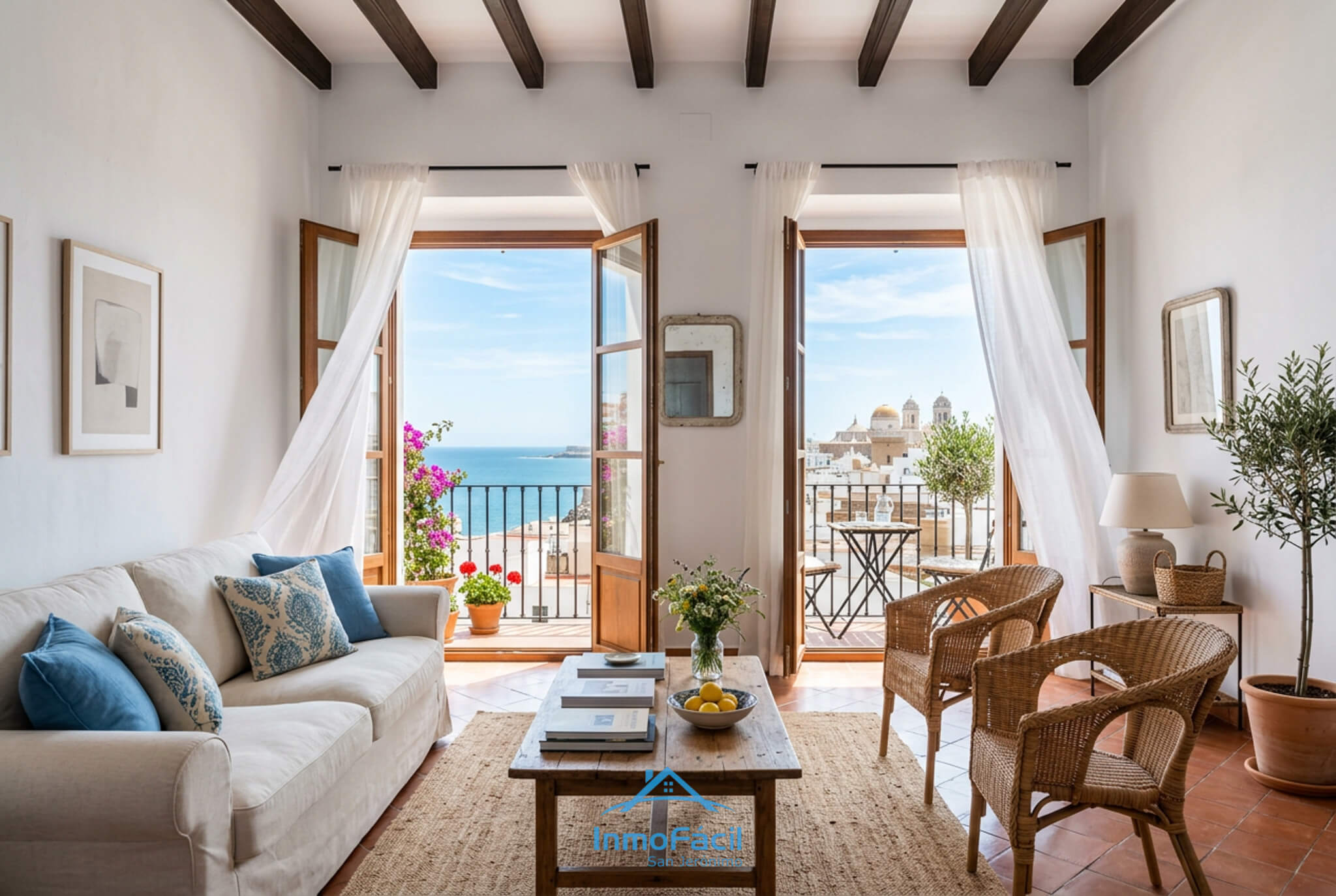 Salón mediterráneo en Cádiz con luz natural y vistas al mar