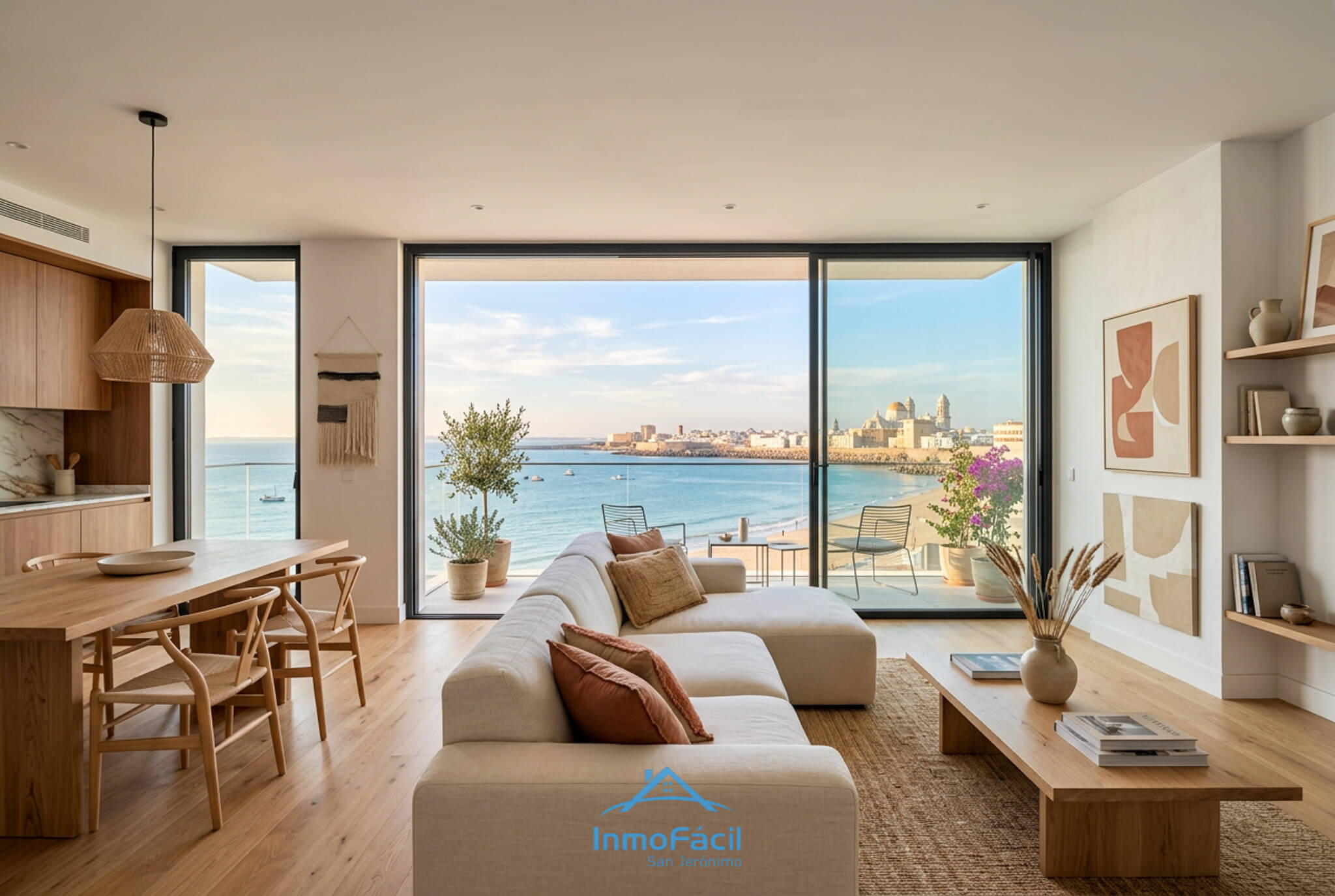 Salón moderno en Cádiz con grandes ventanales y vistas al mar
