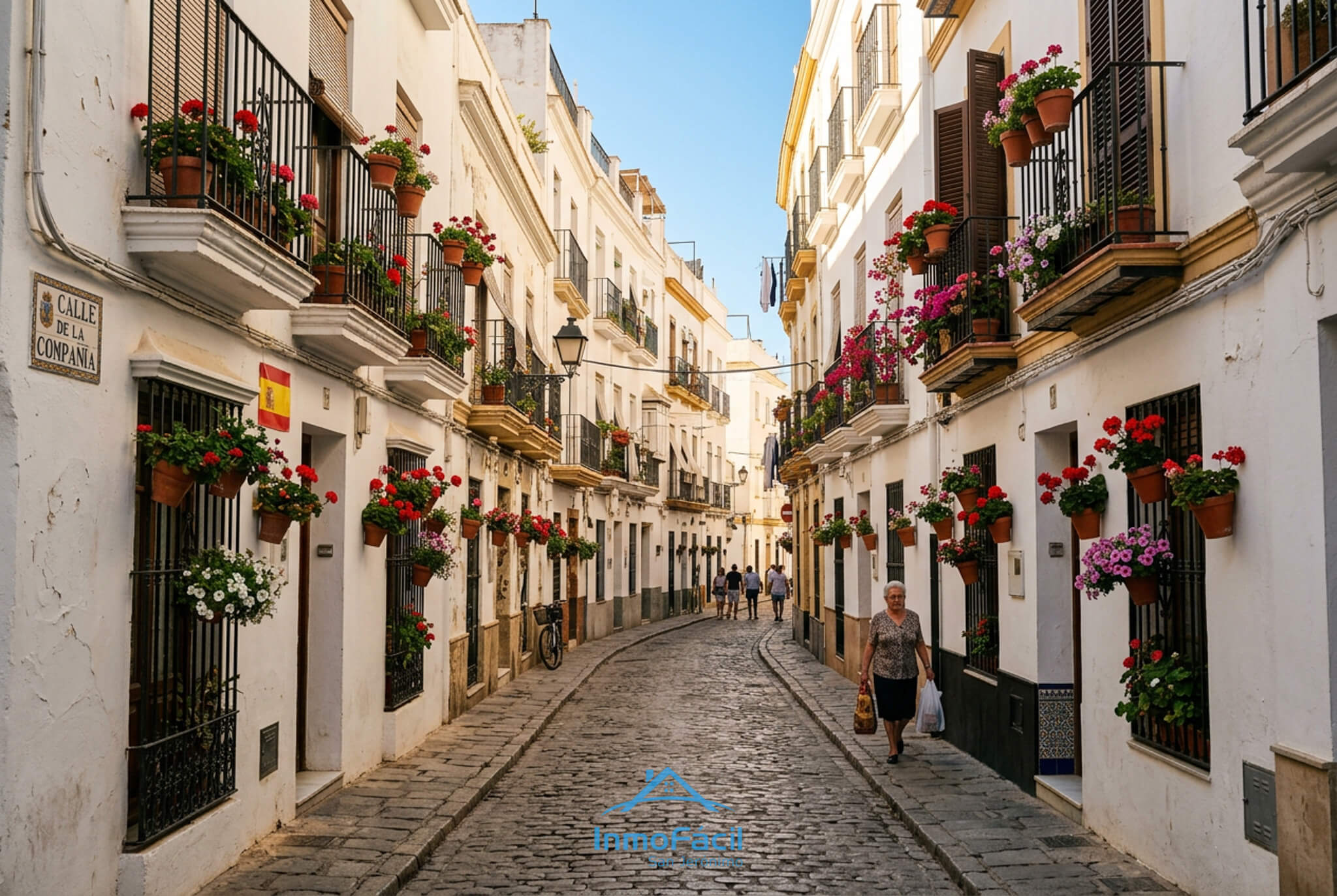 Calle típica del casco histórico de Cádiz con casas blancas y balcones con flores
