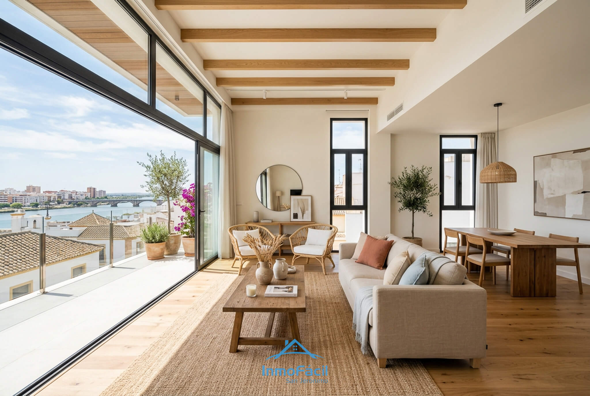 Piso moderno en Huelva con salón luminoso y grandes ventanales