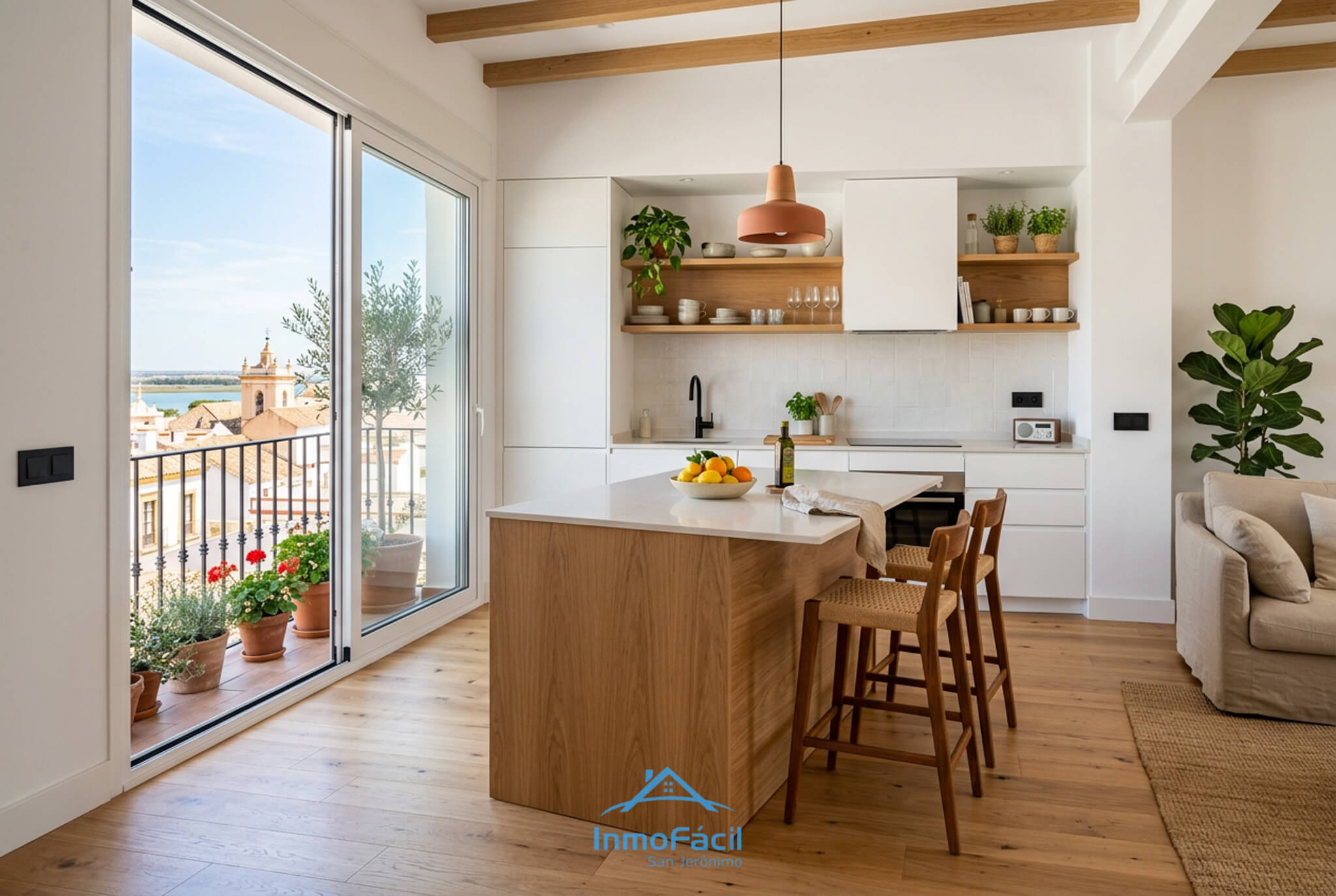 Piso moderno en Huelva con salón luminoso y grandes ventanales